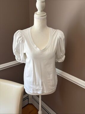 7 For All Mankind White V-Neck Puff Sleeve Tee